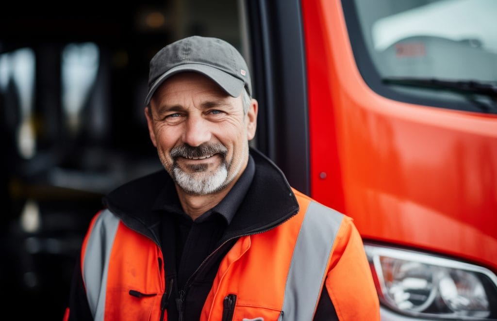 Smiling van driver in orange high-visibility vest and cap standing next to a commercial vehicle