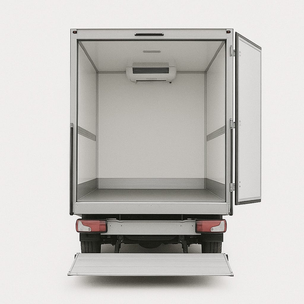 Rear view of a Mercedes-Benz Sprinter MWB freezer-capable box van with doors open showing insulated interior and tail lift