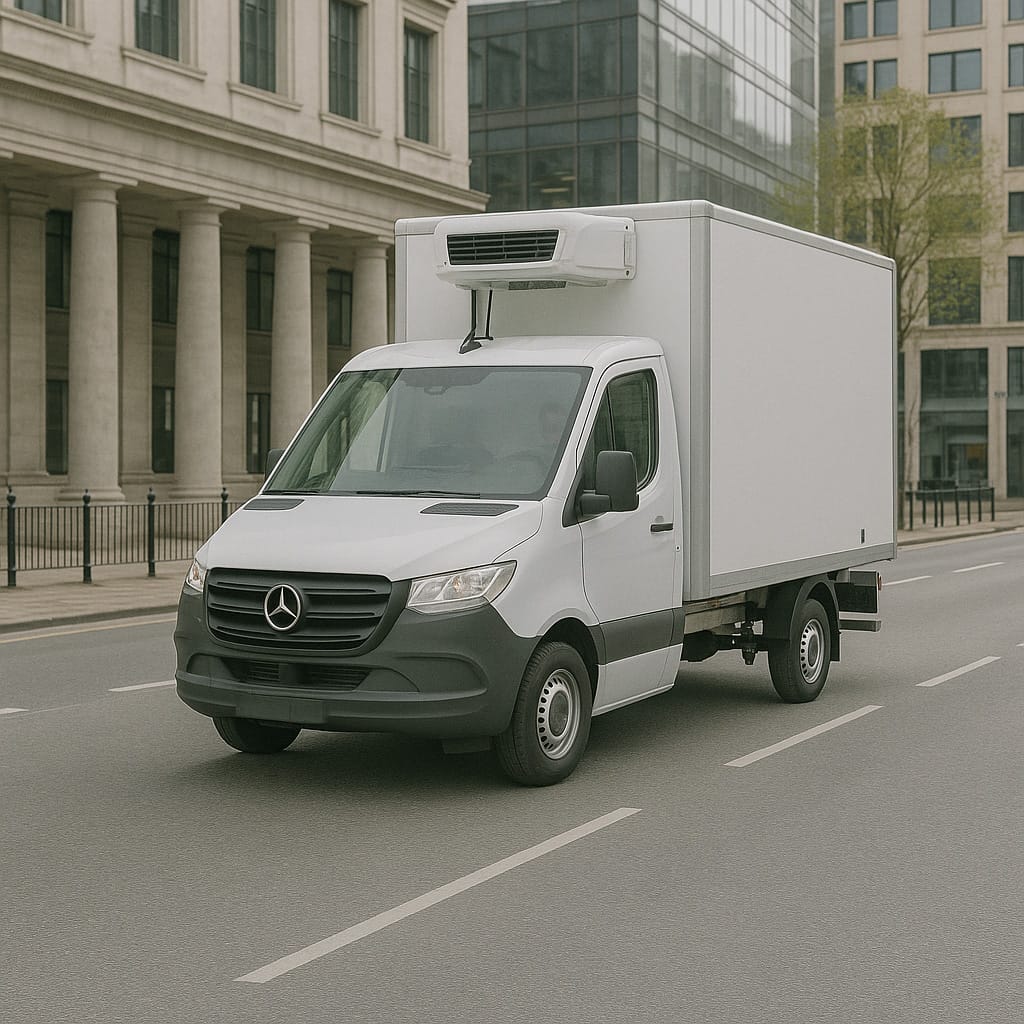 White Mercedes-Benz Sprinter MWB box van with refrigeration unit and tail lift, front three-quarter view on a city street