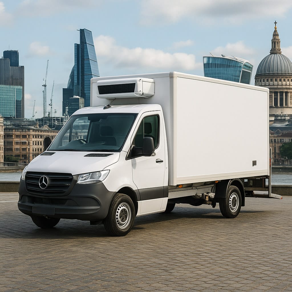 White Mercedes-Benz Sprinter MWB freezer-capable box van with tail lift parked in London with St Paul's Cathedral in background