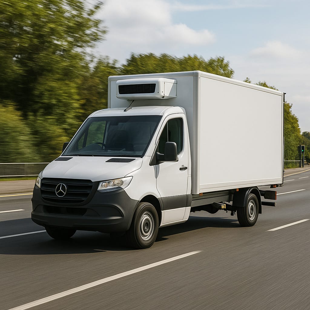 White Mercedes-Benz Sprinter MWB freezer-capable box van with tail lift driving on a road, front three-quarter view