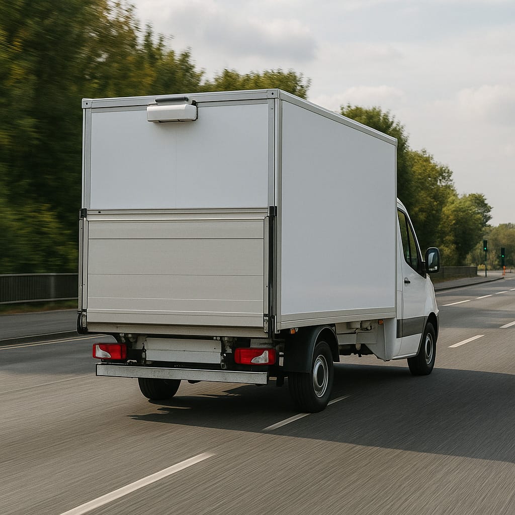 White Mercedes-Benz Sprinter MWB freezer-capable box van with tail lift, rear view driving on a road