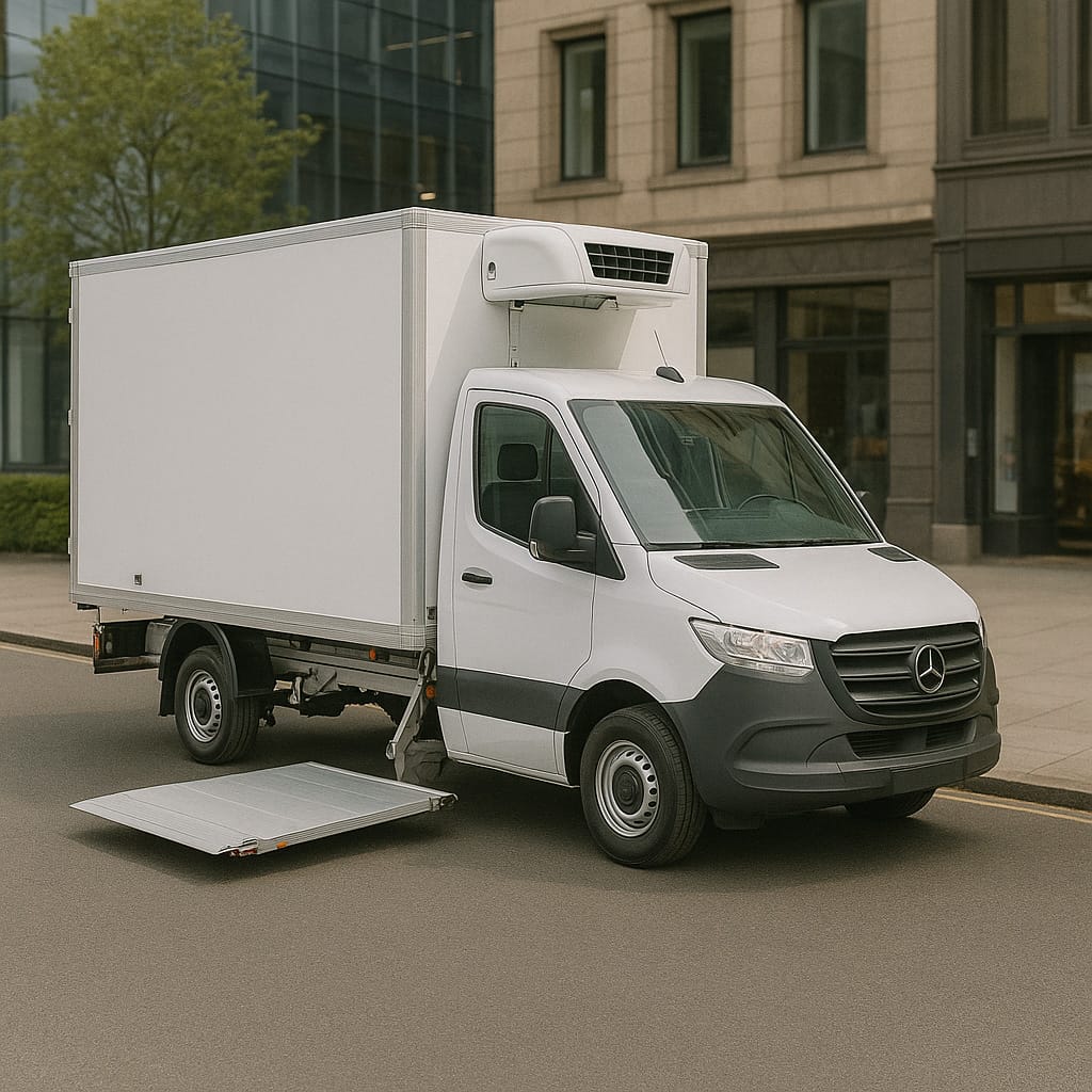 White Mercedes-Benz Sprinter MWB freezer-capable box van with tail lift visible at rear, side view on a city street