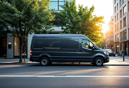 Dark grey long wheelbase van parked on a tree-lined city street at sunset