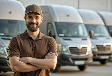Smiling delivery driver with arms crossed standing in front of a van fleet