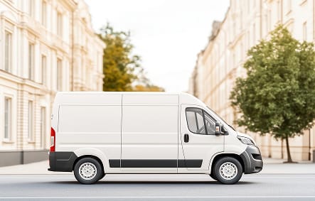 Clean white delivery van in side profile on a city street