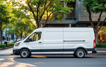 White long wheelbase van parked on a tree-lined urban street