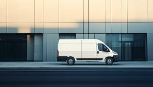 White van parked outside a modern glass-panelled building at dusk