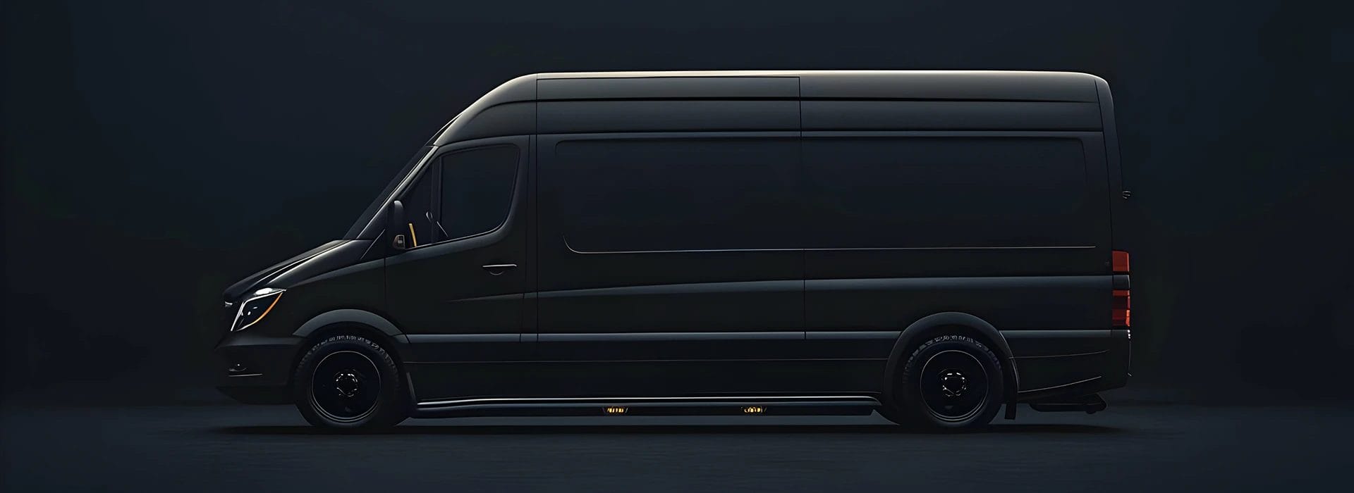 Dramatic side profile of a black van with studio lighting on dark background