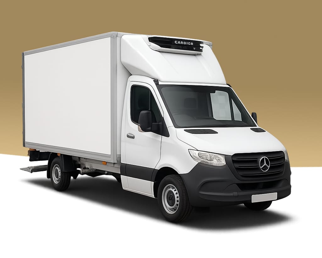 White Mercedes-Benz Sprinter MWB box van with Carrier refrigeration unit, side view