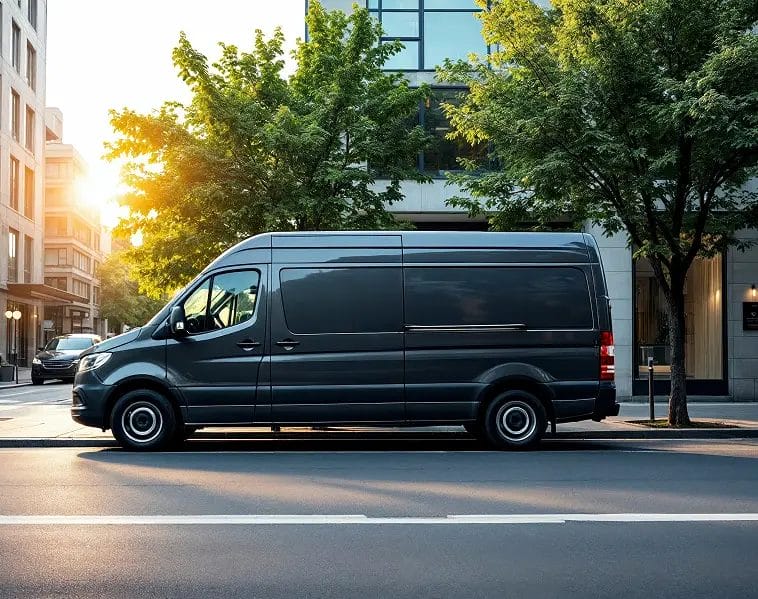 Side view of a dark grey long wheelbase van parked on a city street at sunset