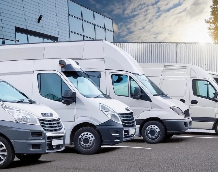 Row of white commercial vans parked at a depot outside a modern glass building