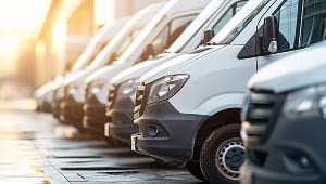 Fleet of white vans lined up at a depot in golden sunset light