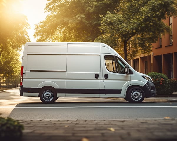 White delivery van parked on a city street at sunset