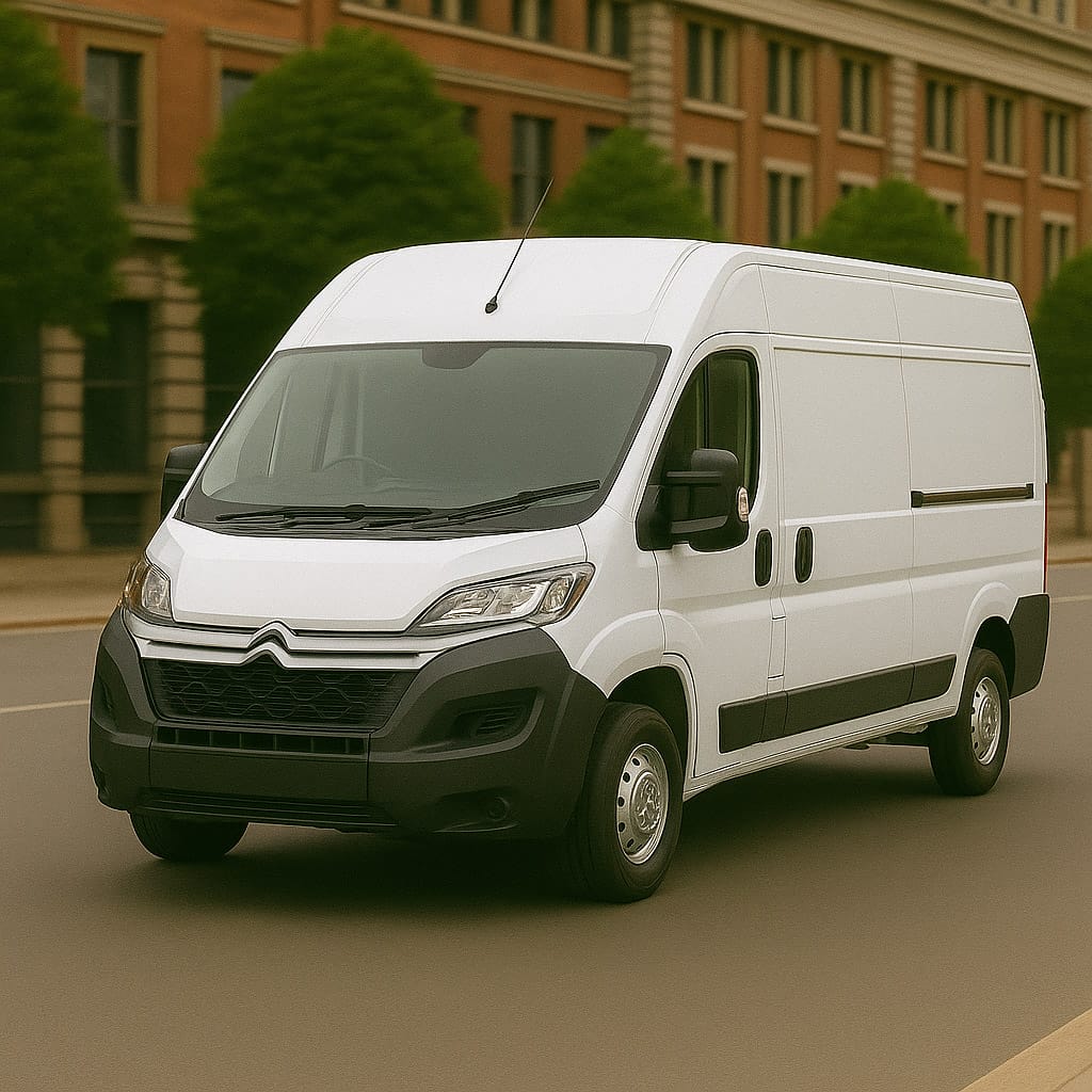 White Citroën Relay LWB van, front three-quarter view on a city street