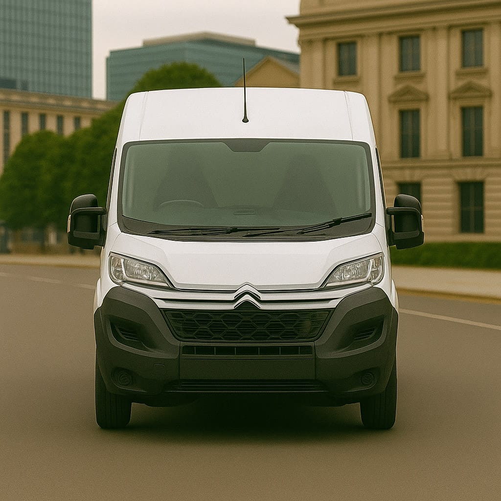 White Citroën Relay LWB van, direct front view on a city road