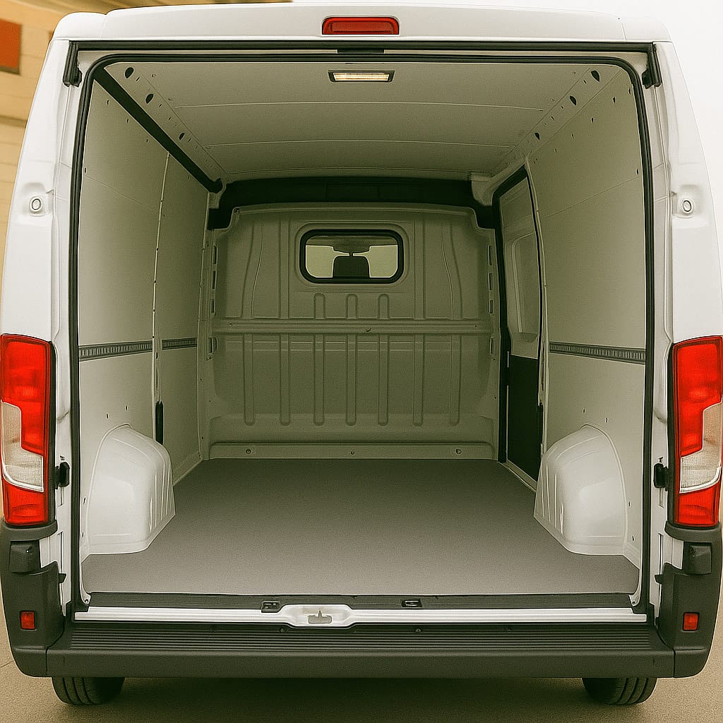 Interior cargo area of a Citroën Relay LWB van viewed through open rear doors, showing spacious load space