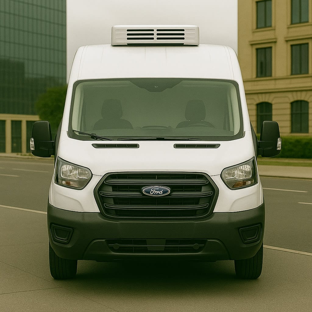 Front view of white Ford Transit long wheelbase freezer van with rooftop cooling unit