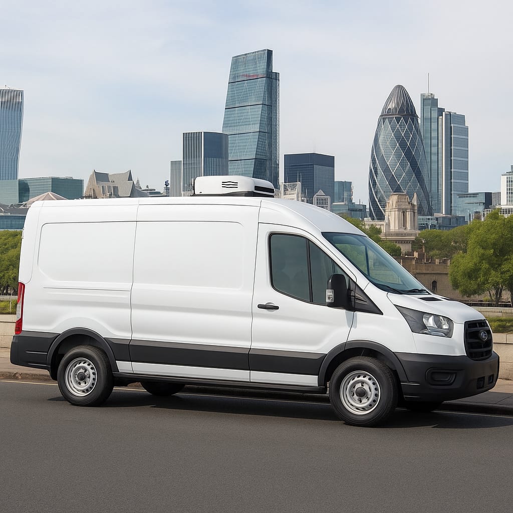 White Ford Transit long wheelbase freezer van side view with London skyline including The Gherkin