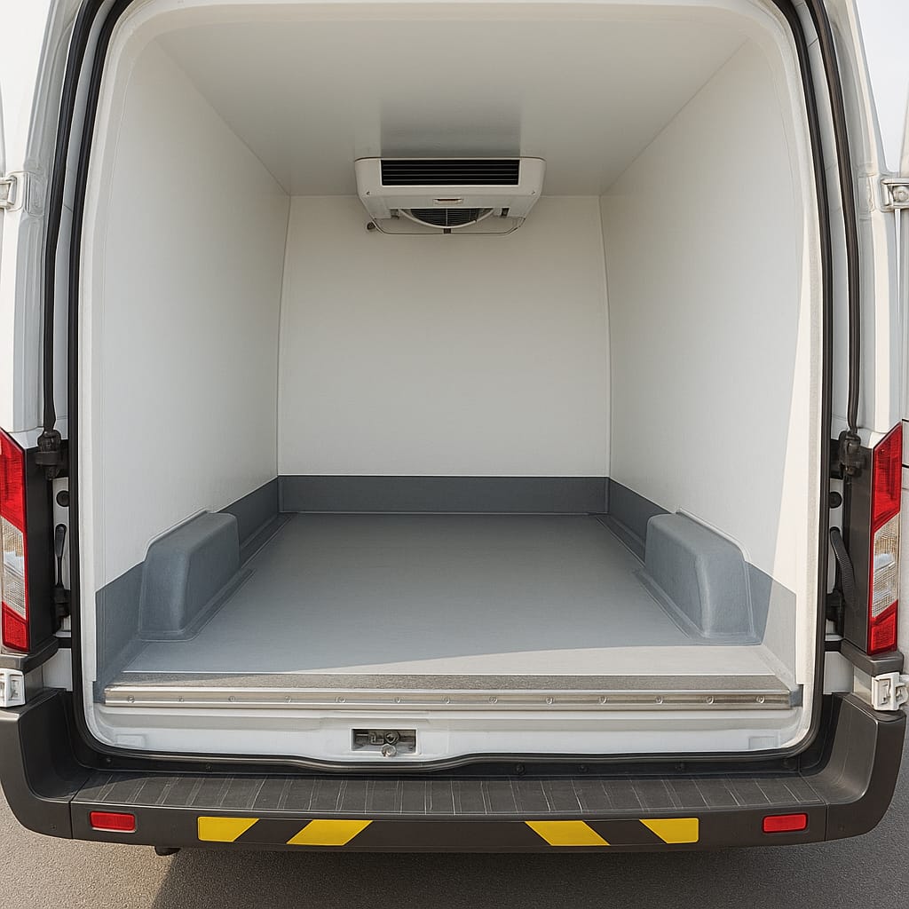 Rear view of Ford Transit long wheelbase freezer van with doors open showing insulated interior and cooling unit