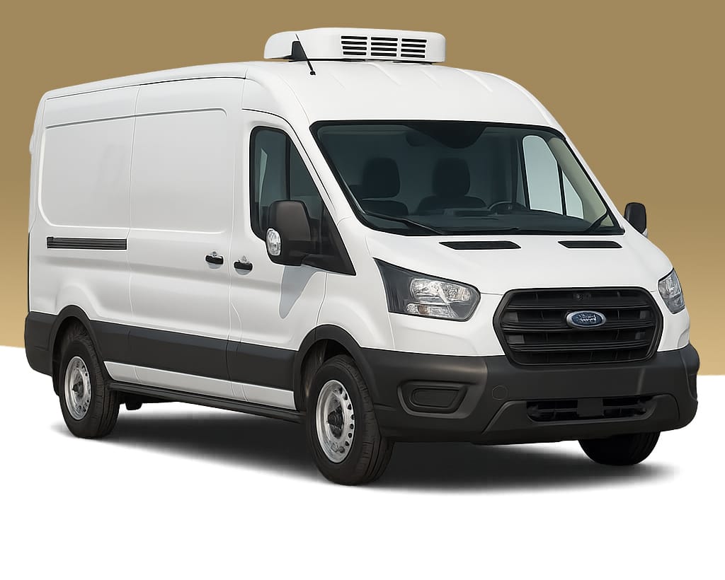 White Ford Transit long wheelbase freezer van with rooftop cooling unit front three-quarter view