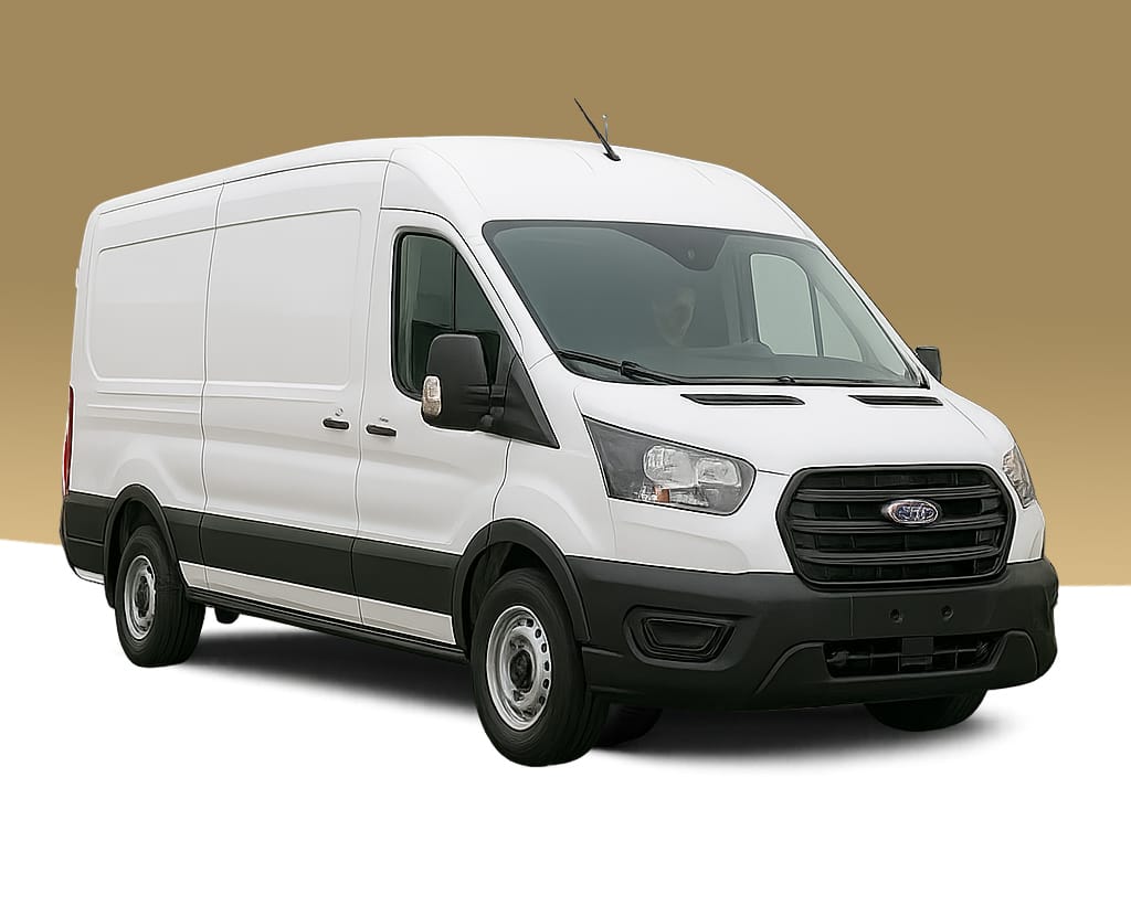 White Ford Transit LWB van, side three-quarter view