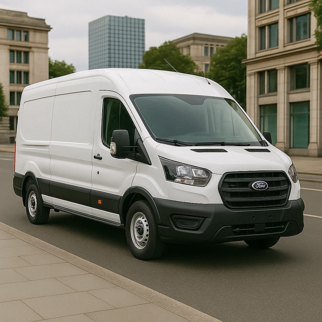 White Ford Transit LWB van driving on a city street, front three-quarter view