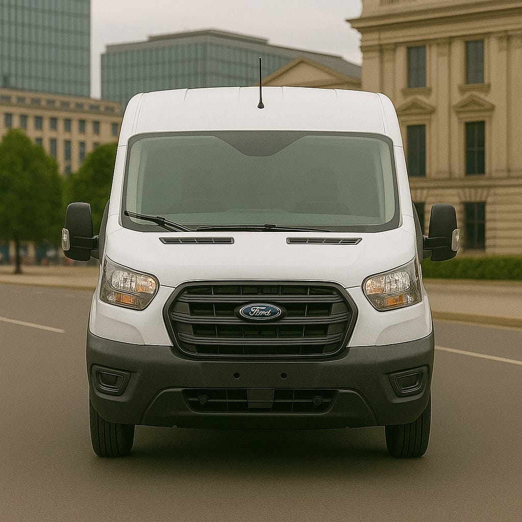 White Ford Transit LWB van, direct front view on a city street