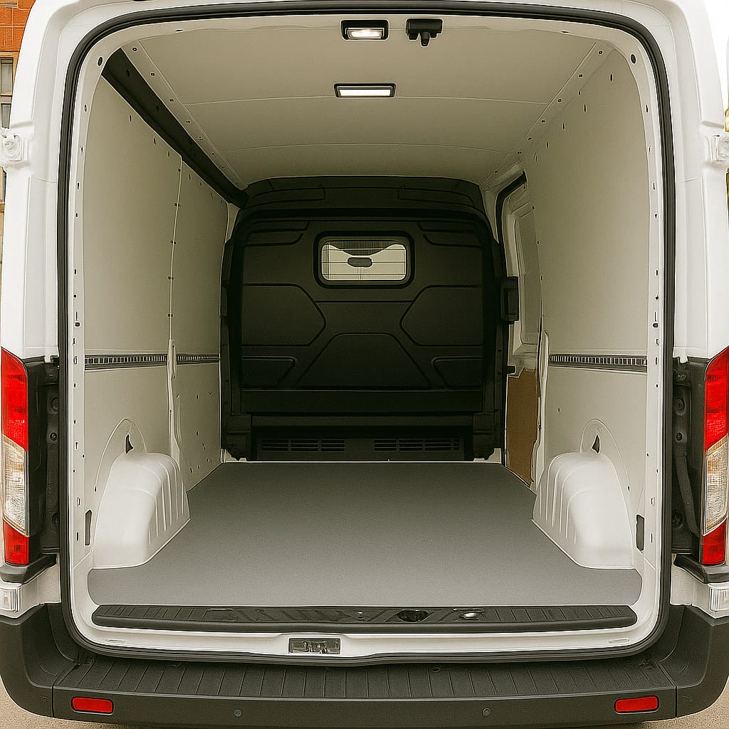 Interior cargo area of a Ford Transit LWB van viewed through open rear doors, showing spacious load space with plywood lining
