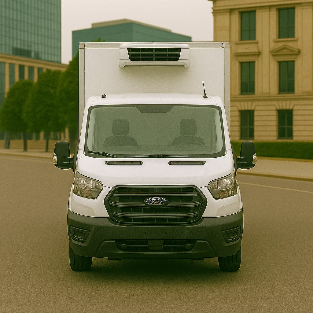 White Ford Transit MWB box van with refrigeration unit, direct front view showing cab and box body
