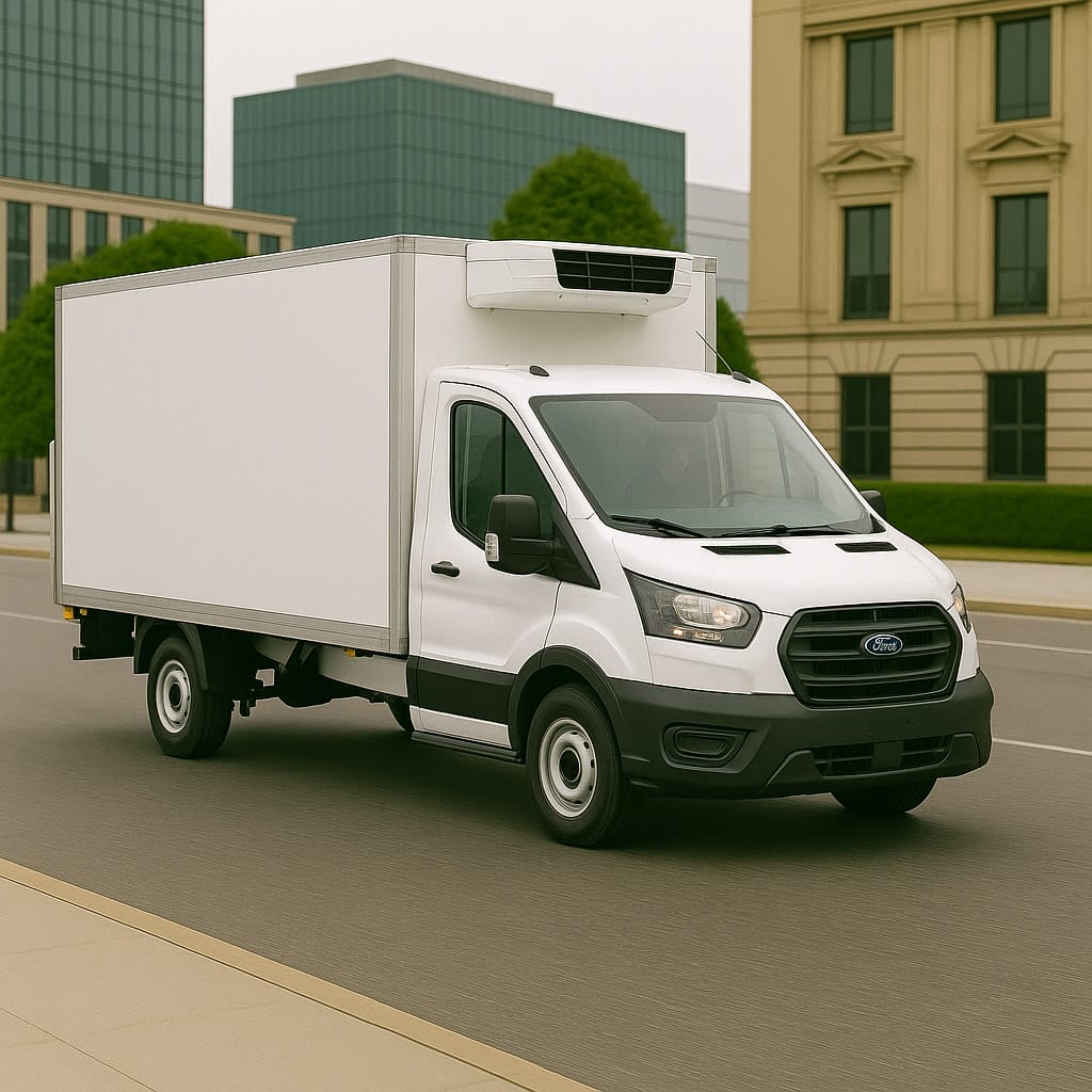 White Ford Transit MWB box van with rooftop refrigeration unit parked on a city street, front view