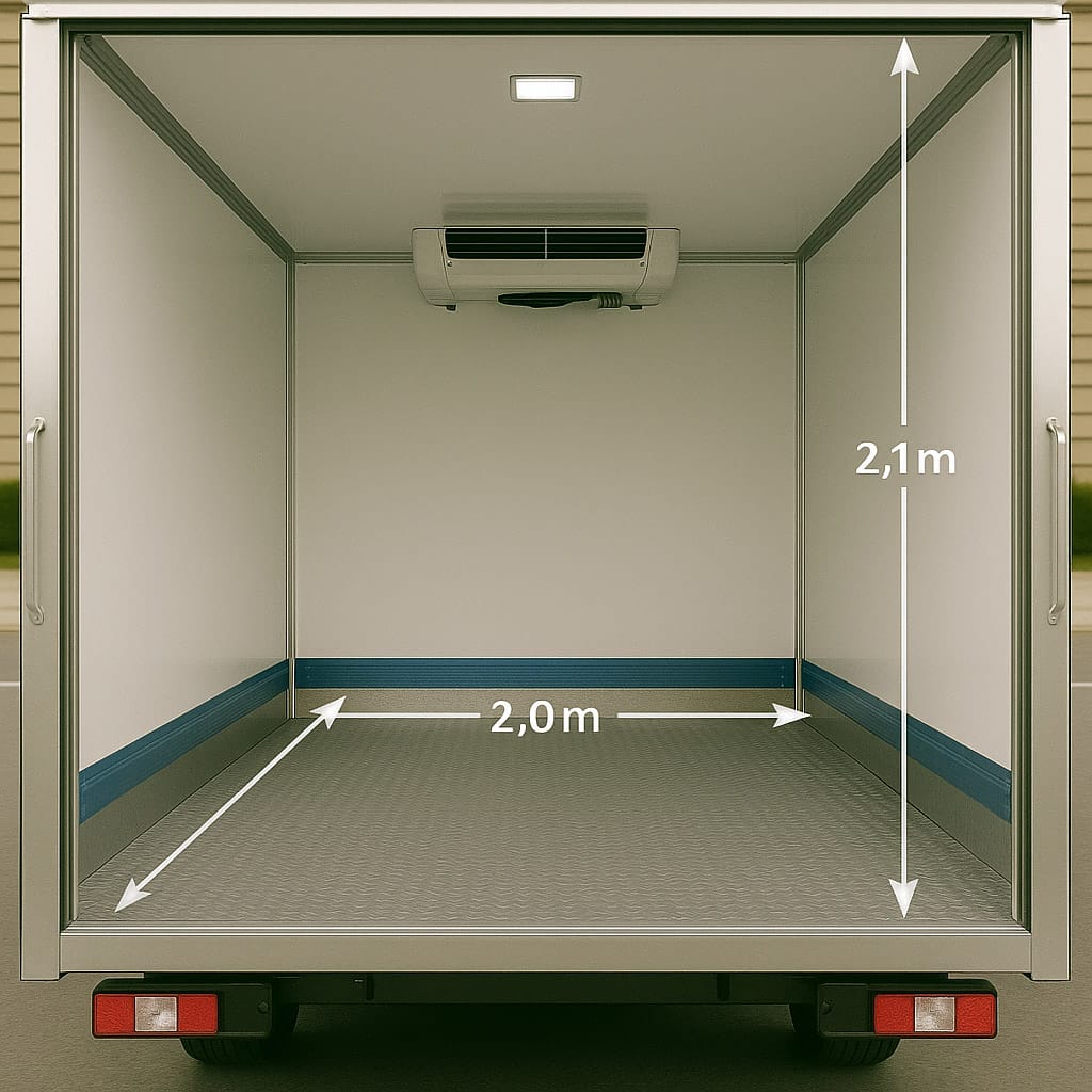 Interior view of a Ford Transit MWB Box Van cargo area showing dimensions of 2.1 metres height and 2.0 metres width, with white walls and rear doors open