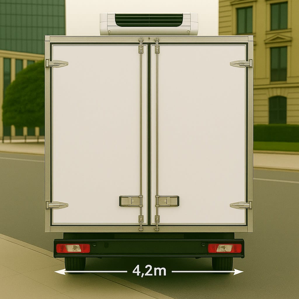 Rear view of Ford Transit medium wheelbase box van showing 4.2 metre cargo length dimension
