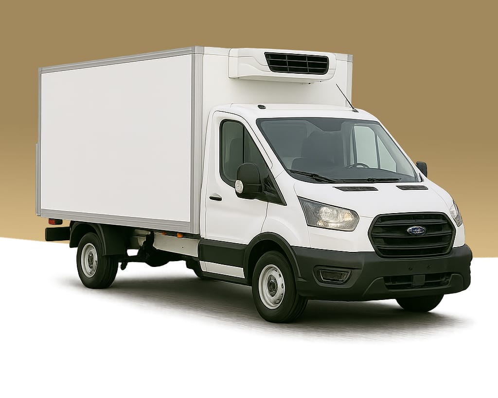 White Ford Transit MWB box van with refrigeration unit, front three-quarter view