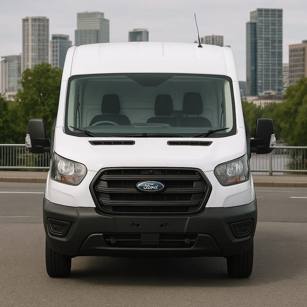Front view of white Ford Transit medium wheelbase van with city buildings in background