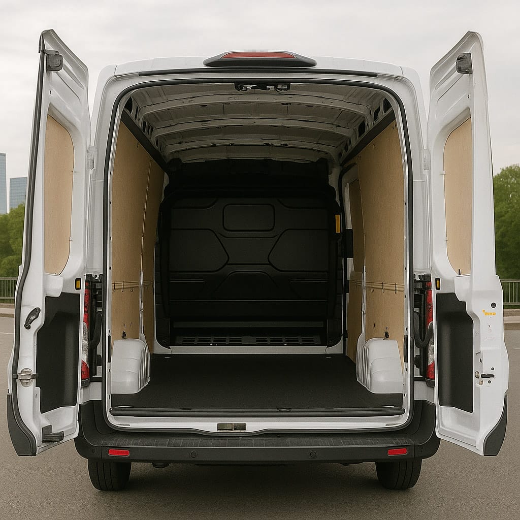 Rear view of white Ford Transit medium wheelbase van with doors open showing cargo area