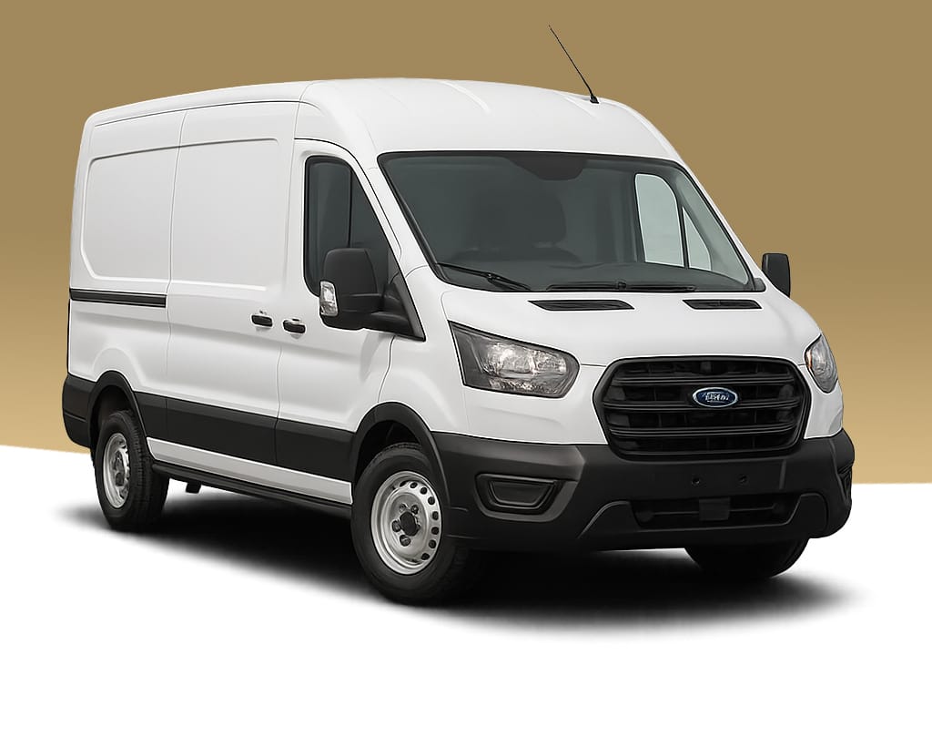 White Ford Transit medium wheelbase van front three-quarter view