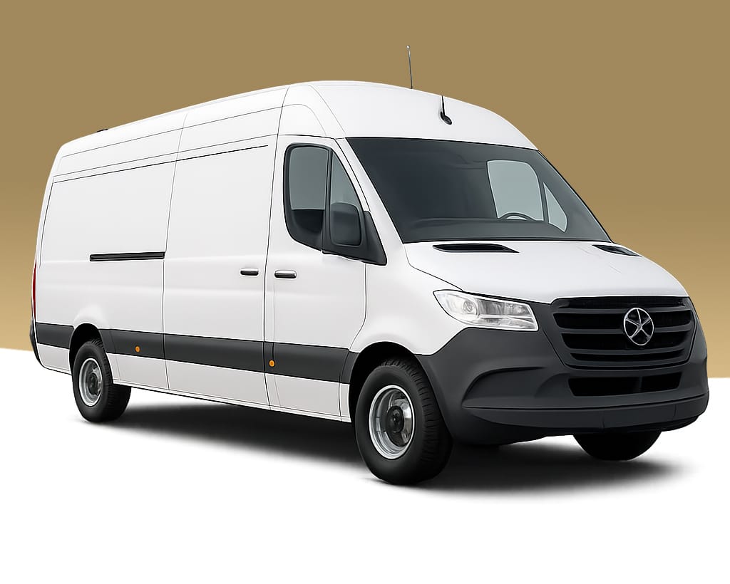 White Mercedes-Benz Sprinter LWB van, side three-quarter view
