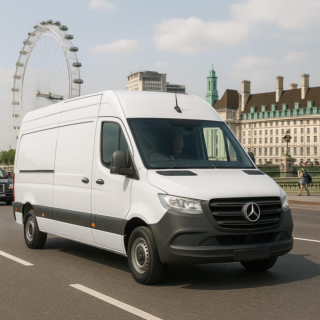White Mercedes-Benz Sprinter LWB van, front three-quarter view with London Eye in the background
