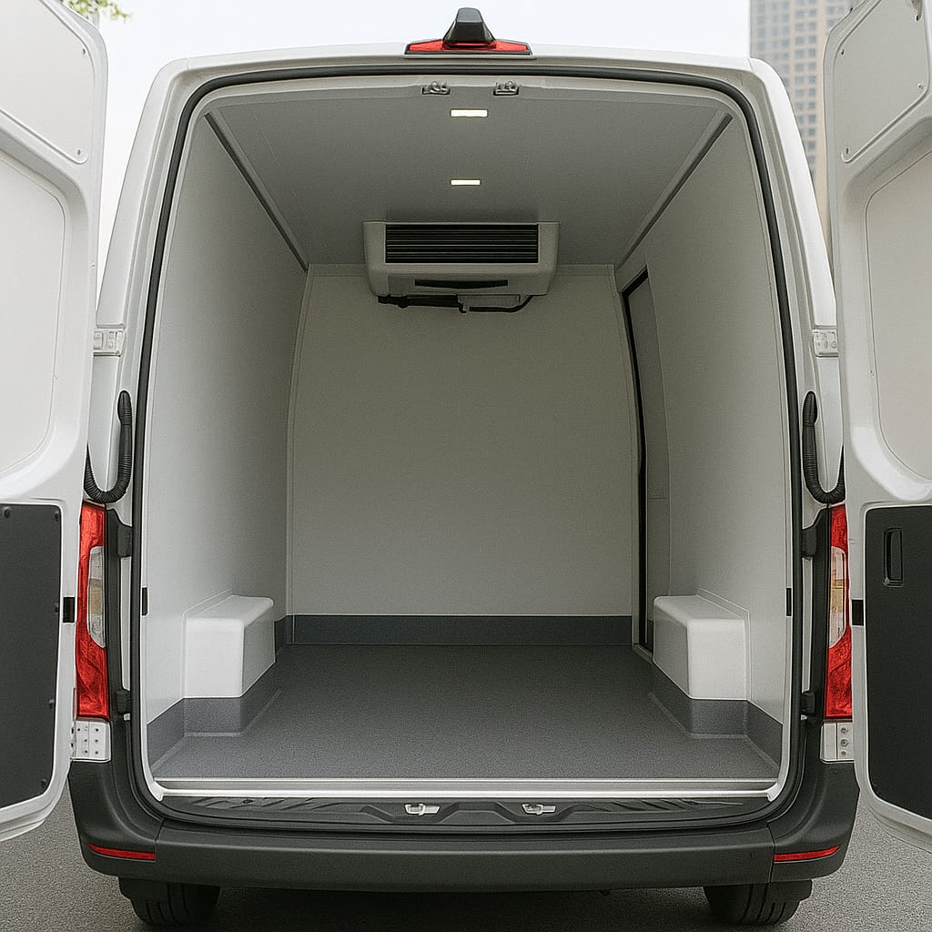Interior cargo area of a Mercedes-Benz Sprinter LWB van viewed through open rear doors, showing spacious load space