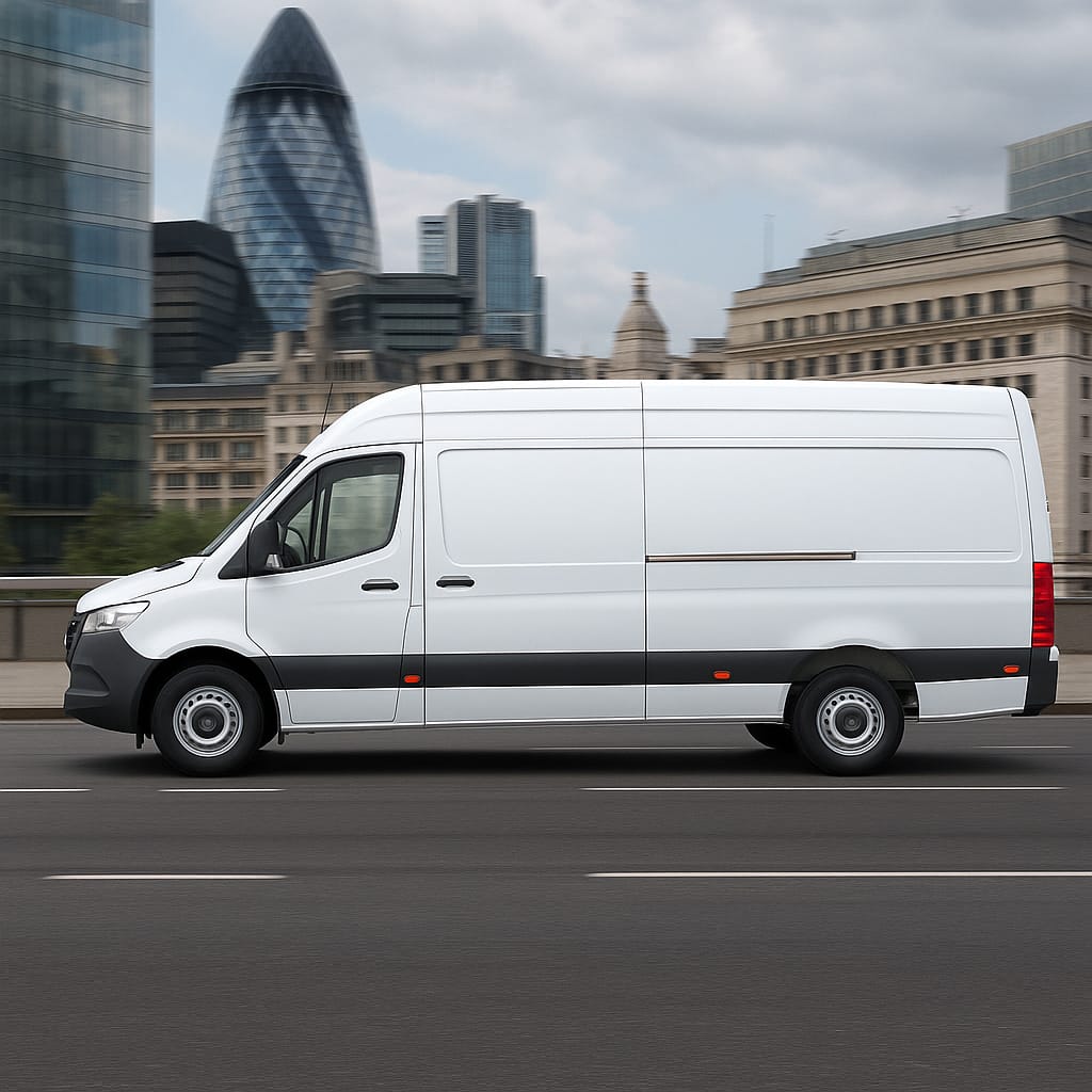 White Mercedes-Benz Sprinter LWB van driving through London, side view with city skyline in background