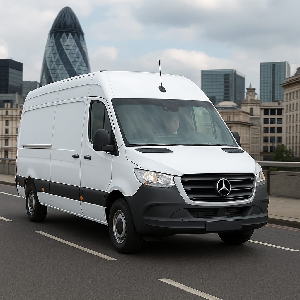 White Mercedes-Benz Sprinter LWB van driving on a city road, front three-quarter view