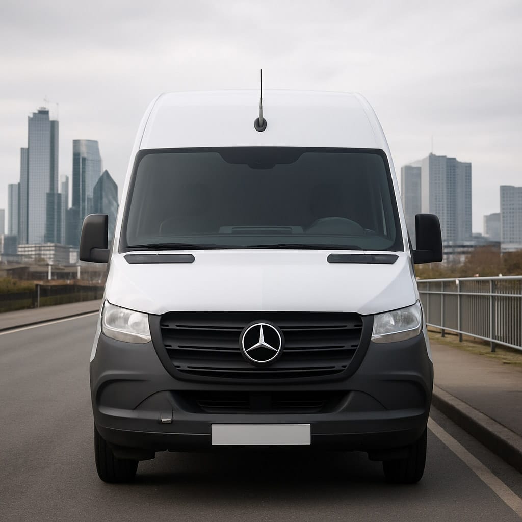 Front view of white Mercedes-Benz Sprinter medium wheelbase van with city skyline behind