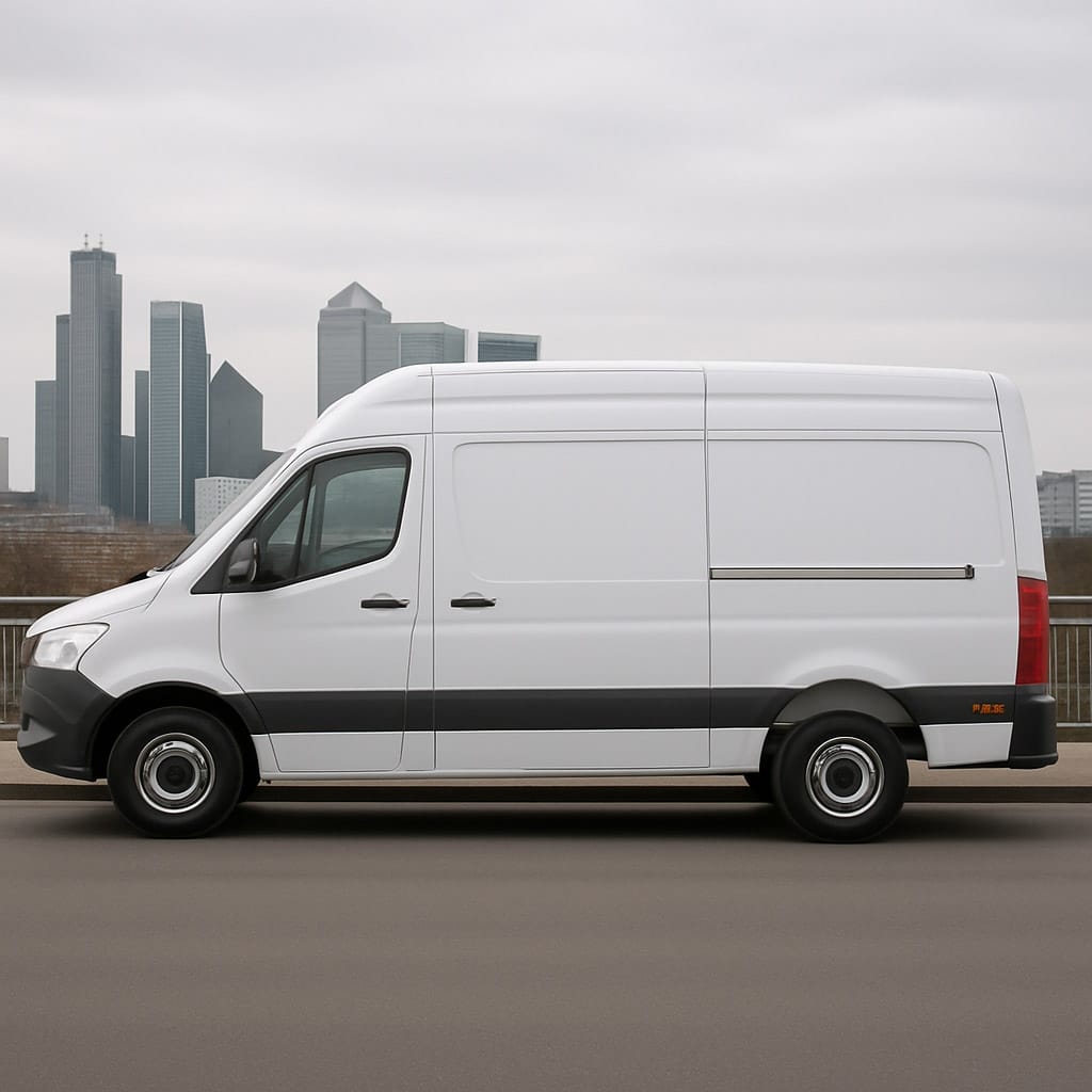 Side view of white Mercedes-Benz Sprinter medium wheelbase van driving with city skyline behind
