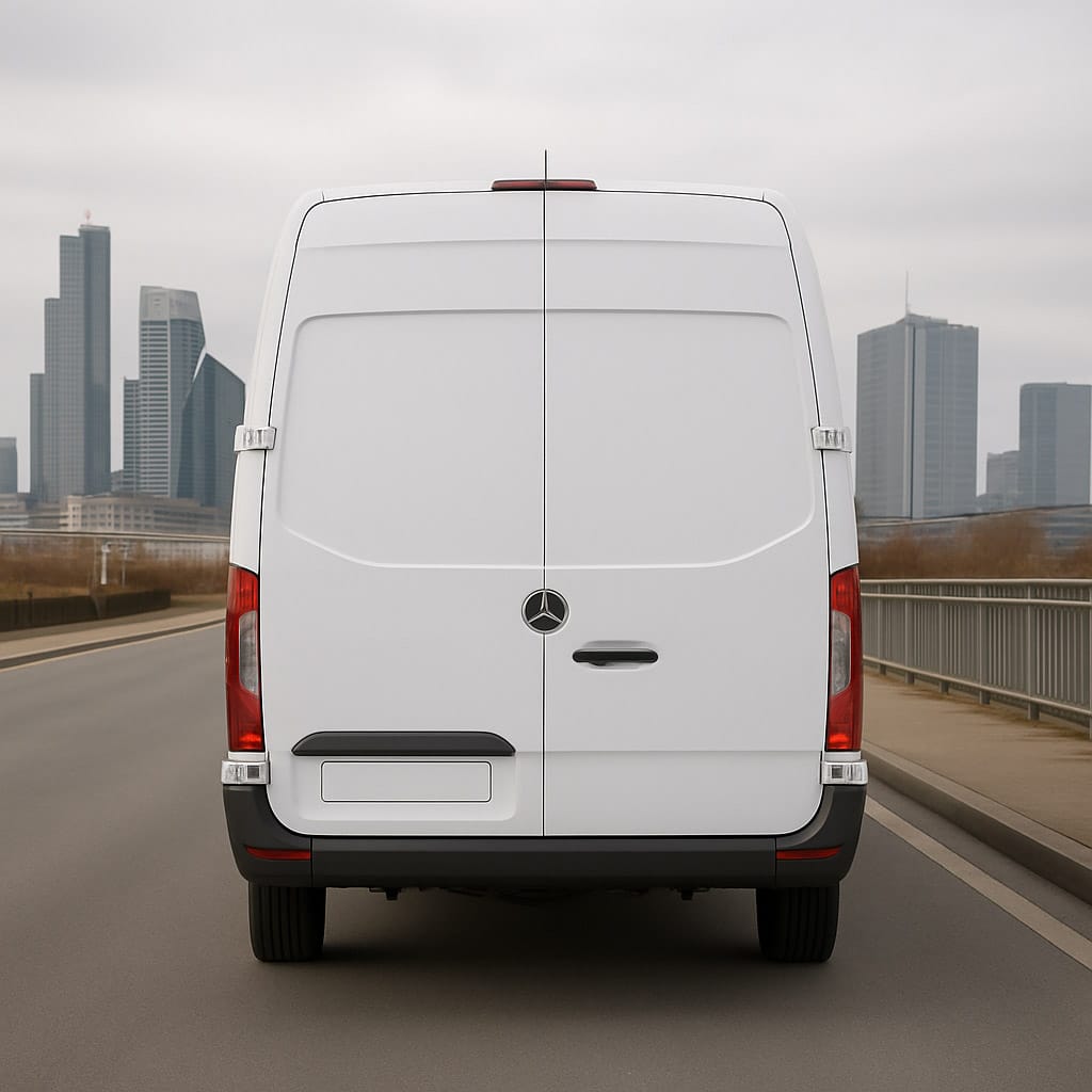 Rear view of white Mercedes-Benz Sprinter medium wheelbase van on a road with city skyline