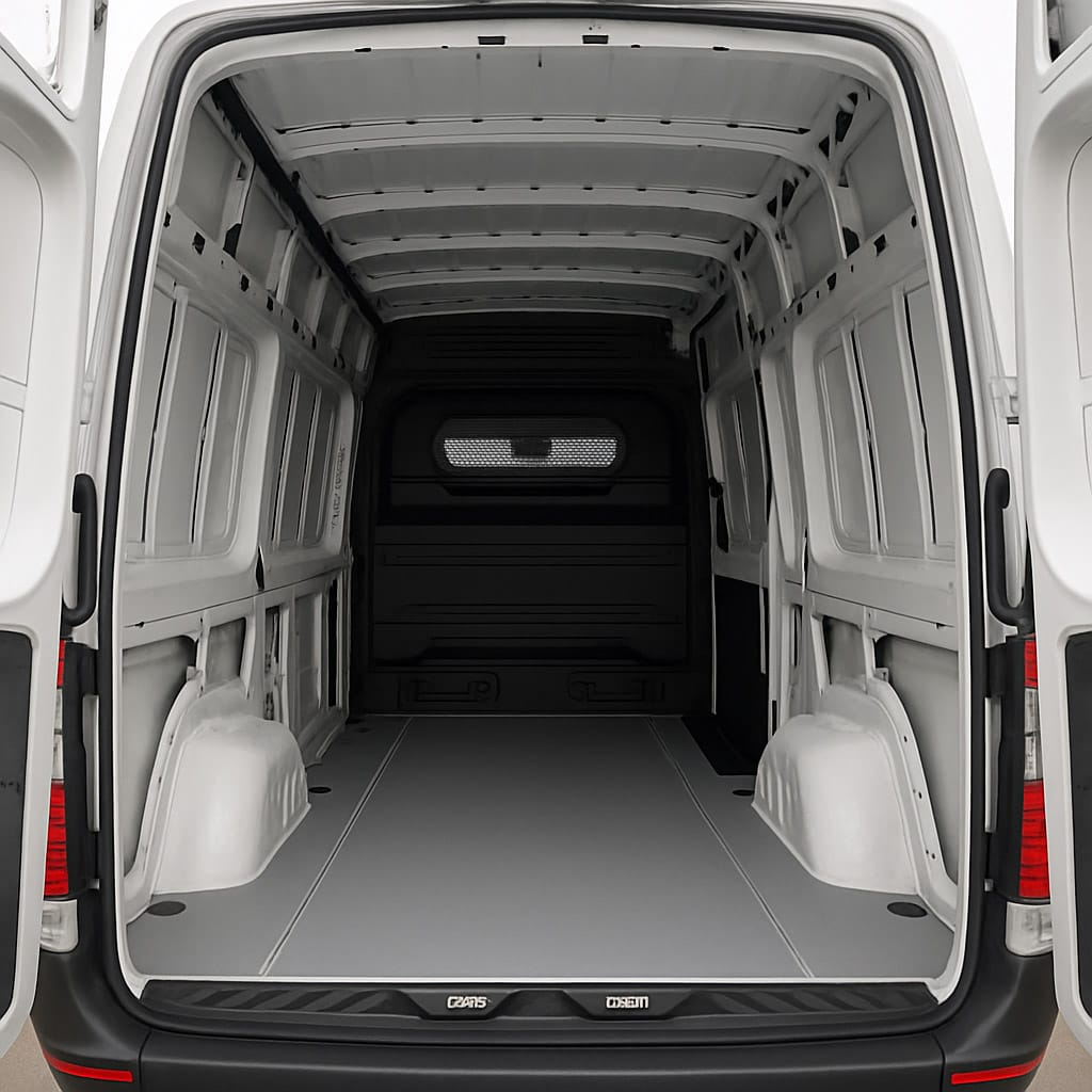 Interior cargo area of Mercedes-Benz Sprinter van with rear doors open and lashing rails on walls