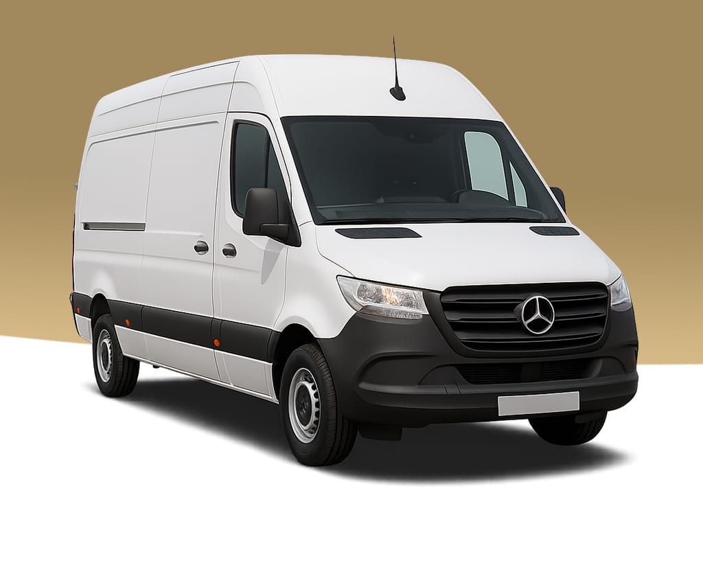 White Mercedes-Benz Sprinter medium wheelbase van front three-quarter view