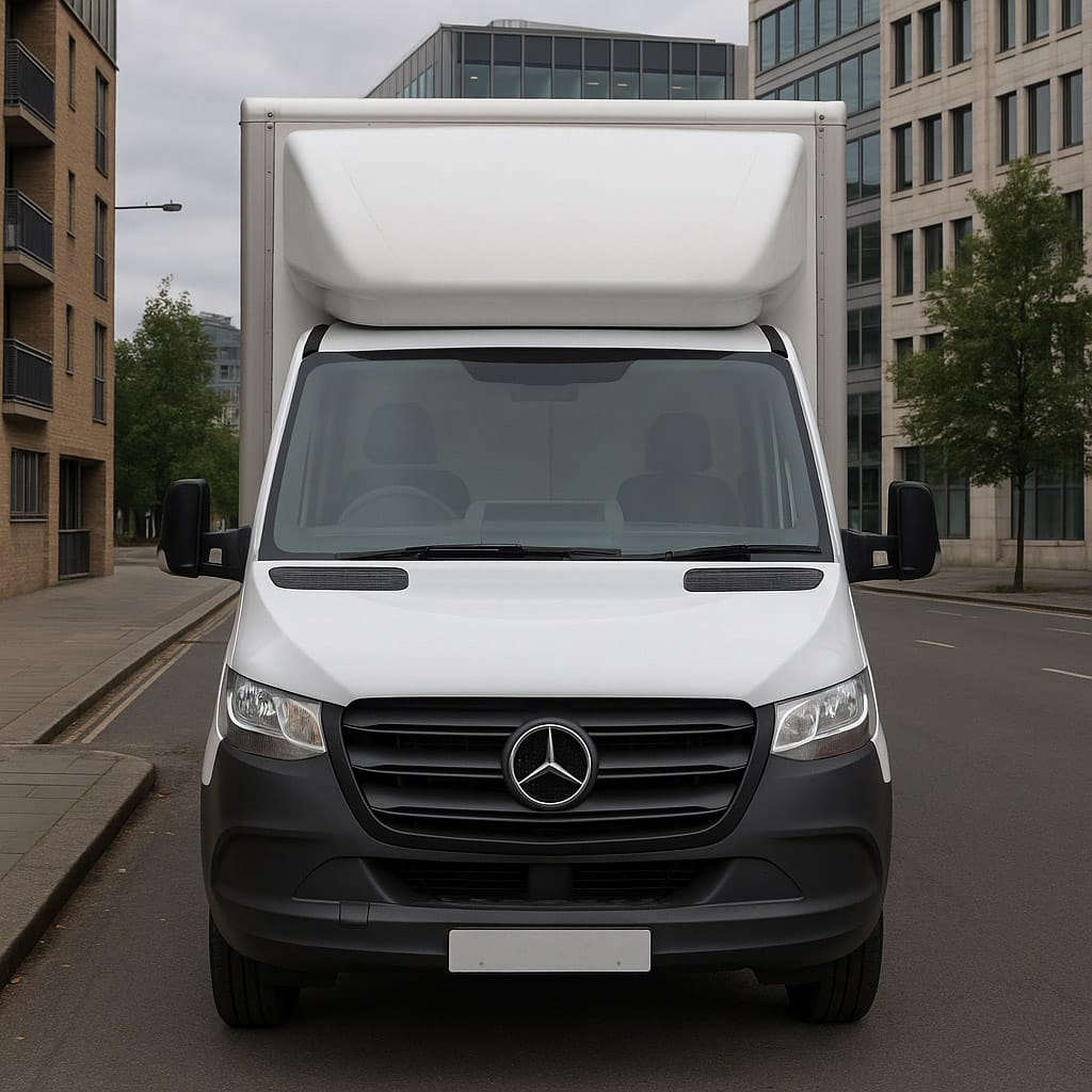 Front view of white Mercedes-Benz Sprinter long wheelbase box van with tail lift in a city setting