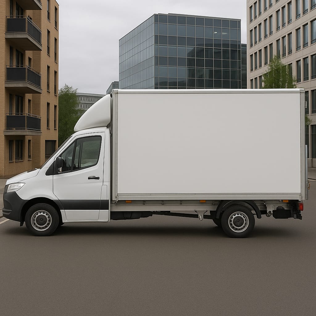 Side view of white Mercedes-Benz Sprinter long wheelbase box van with tail lift on a city street