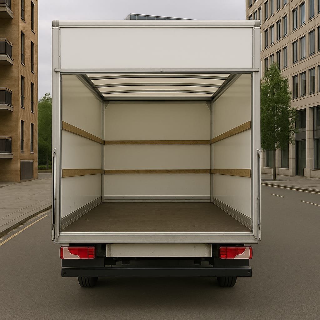 Rear view of white Mercedes-Benz Sprinter long wheelbase box van with tail lift and open cargo area